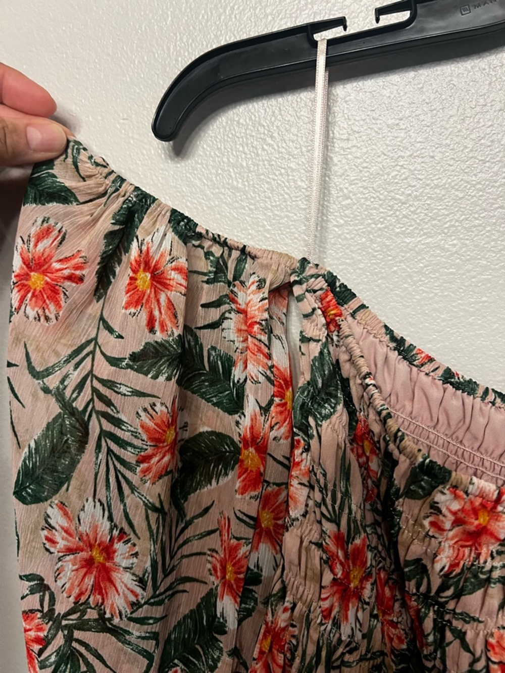 Express Blush Floral Square-Neck Dress Green Leaf Print Off The Shoulder Sz Med - Picture 6 of 8